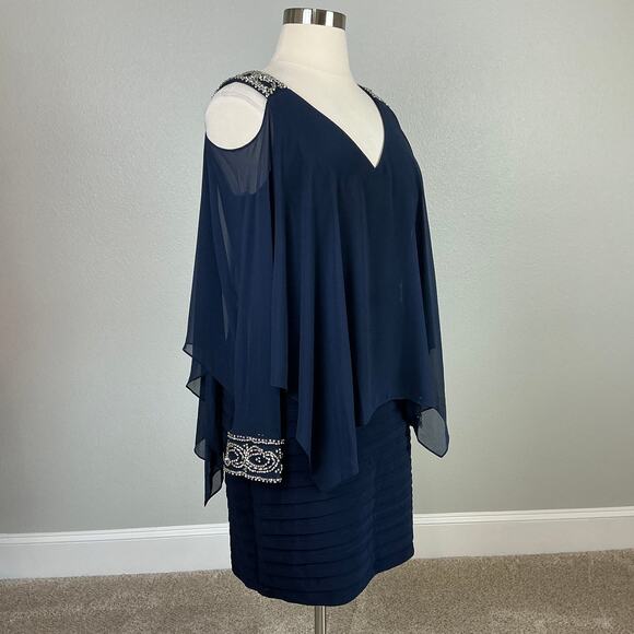 Betsy & Adam Beaded Long Sleeve Cut Out Midi Sheath Cocktail Dress Blue Size 16W - Picture 2 of 13